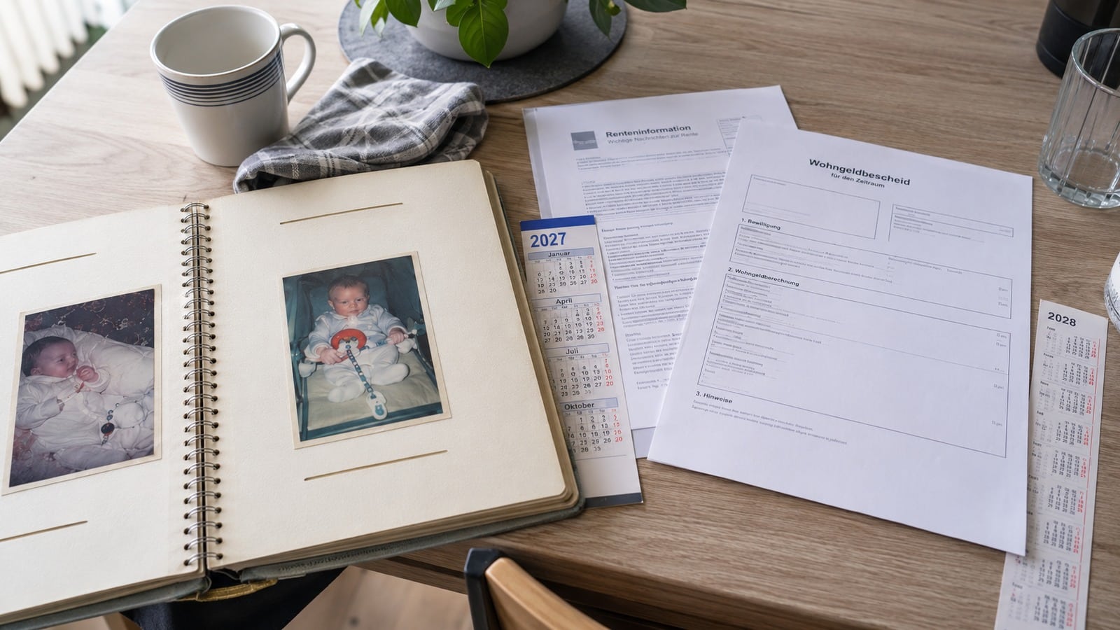 Familienalbum aus den 1980er Jahren neben Renten- und Wohngeldunterlagen