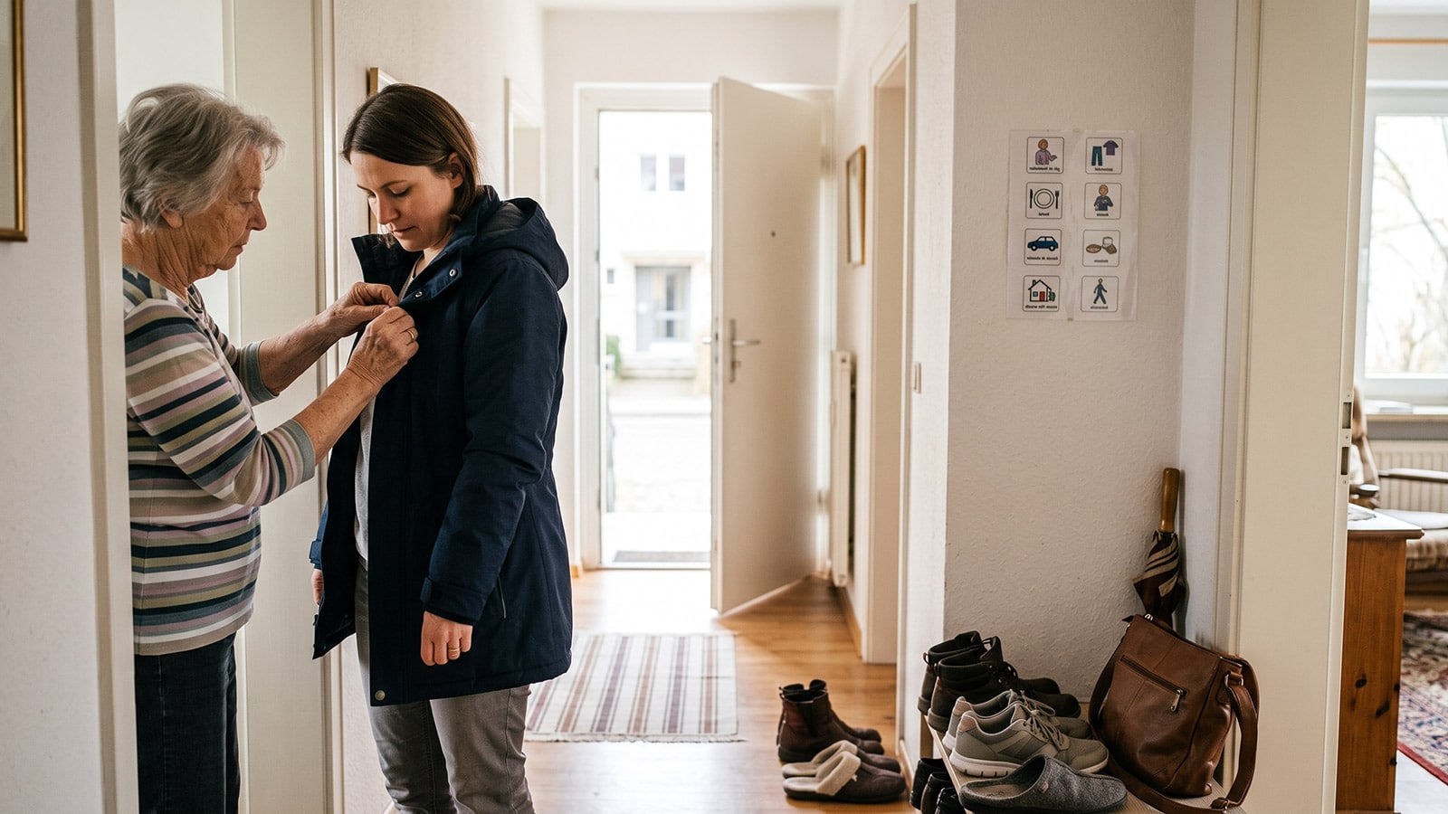 Eine Mutter hilft ihrer erwachsenen Tochter in einem Wohnungsflur ruhig beim Anziehen einer Jacke