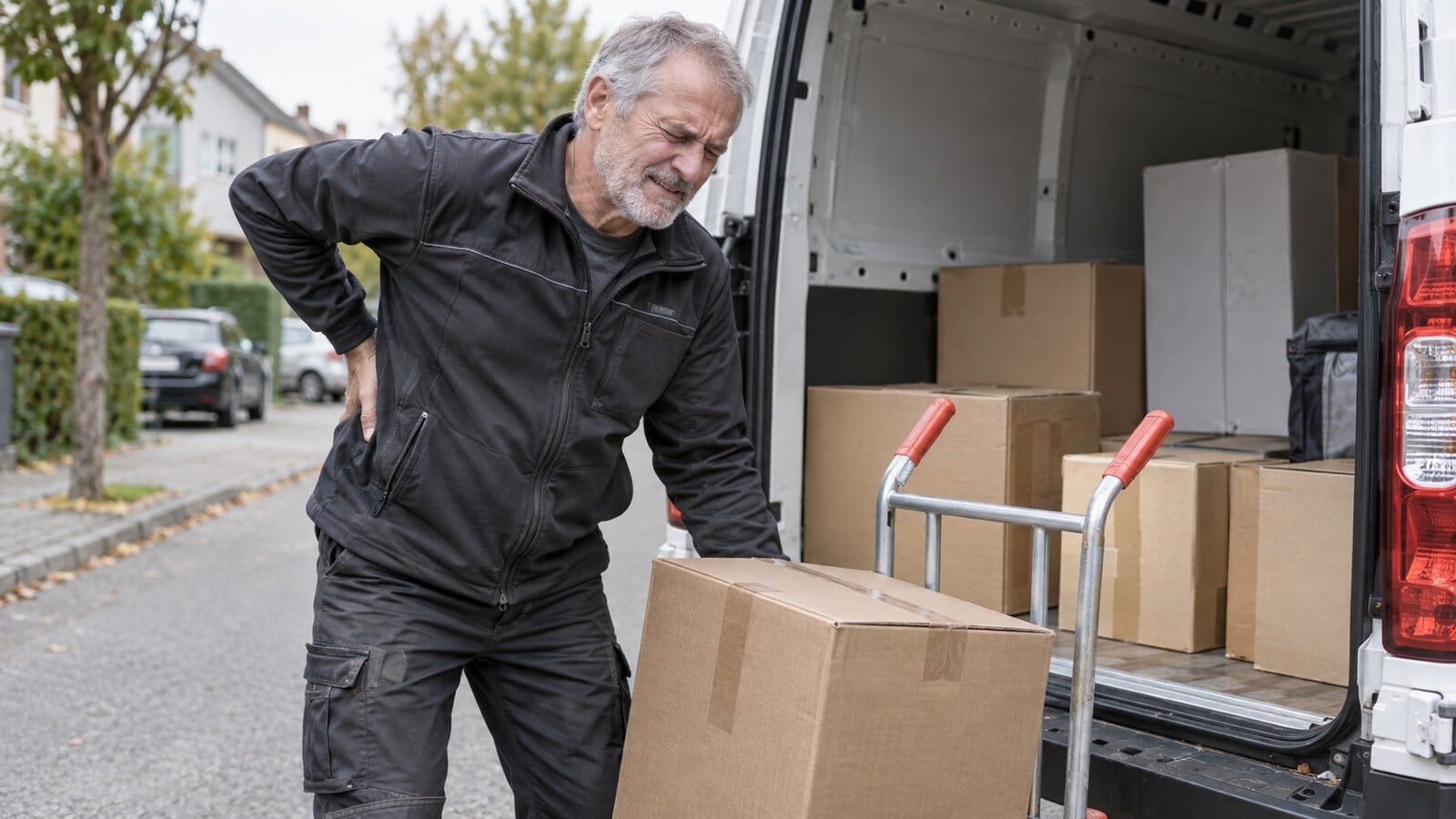 Älterer Paketfahrer unterbricht wegen Rückenschmerzen das Heben eines Pakets Bildunterschrif