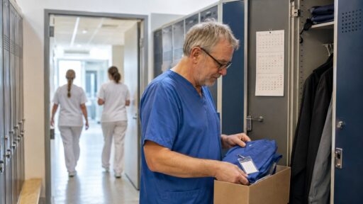Krankenpfleger räumt am letzten Arbeitstag vor der Rente seine Dienstkleidung aus dem Spind