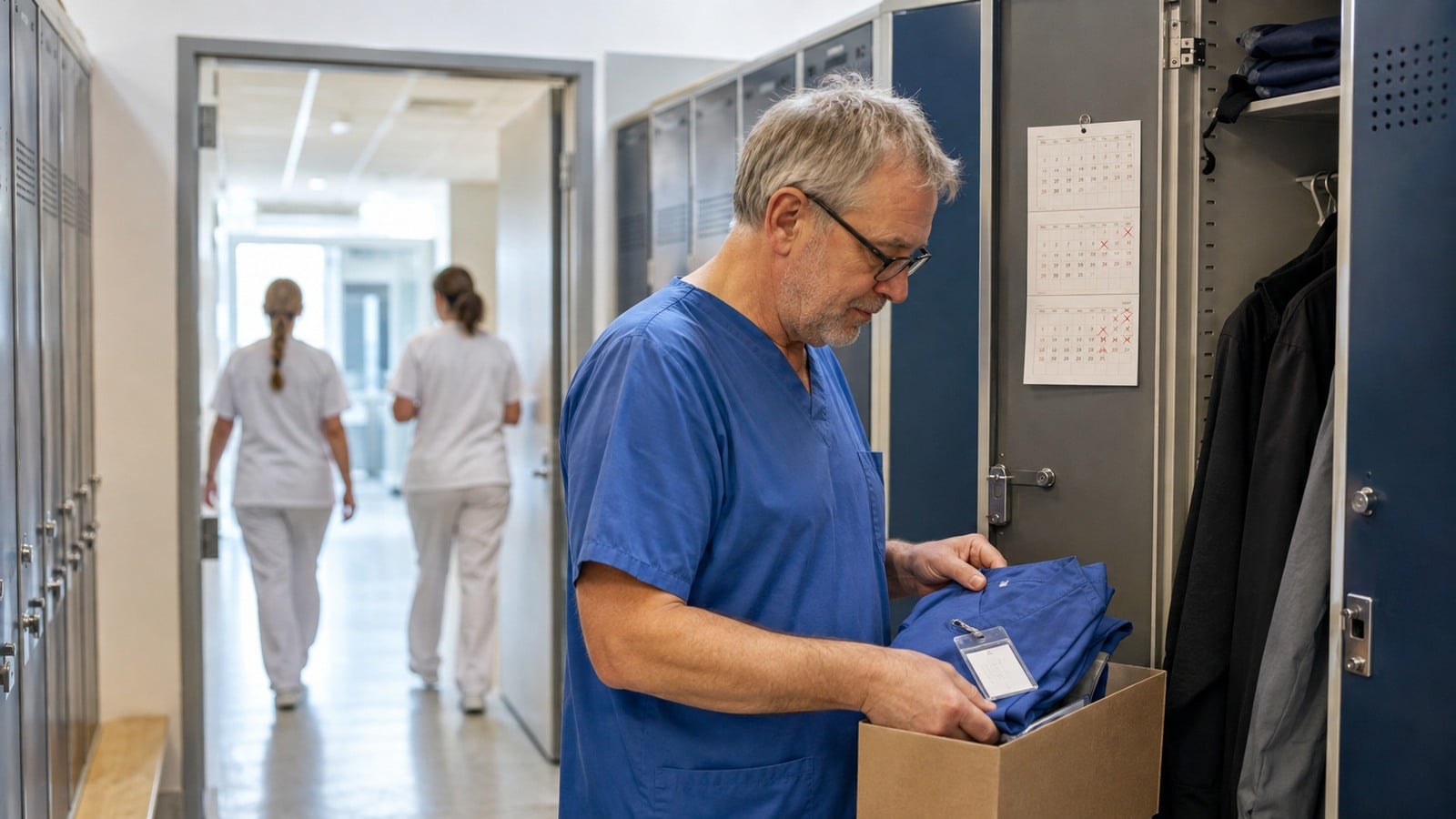 Krankenpfleger räumt am letzten Arbeitstag vor der Rente seine Dienstkleidung aus dem Spind