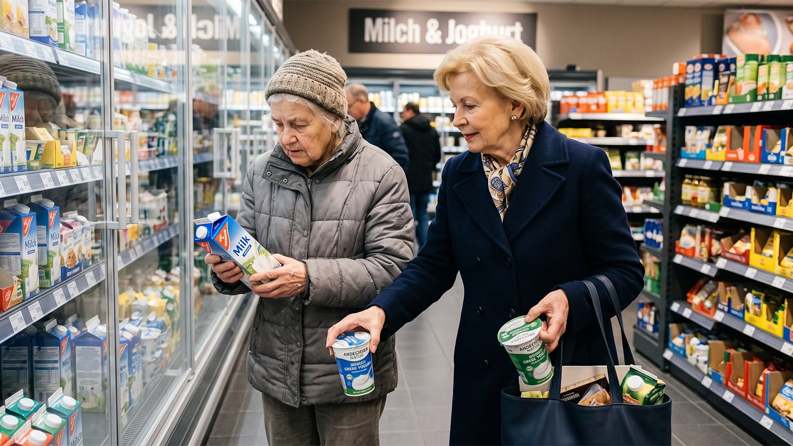 Arme und wohlhabende Rentnerinnen gemeinsam beim Einkauf im Supermarkt