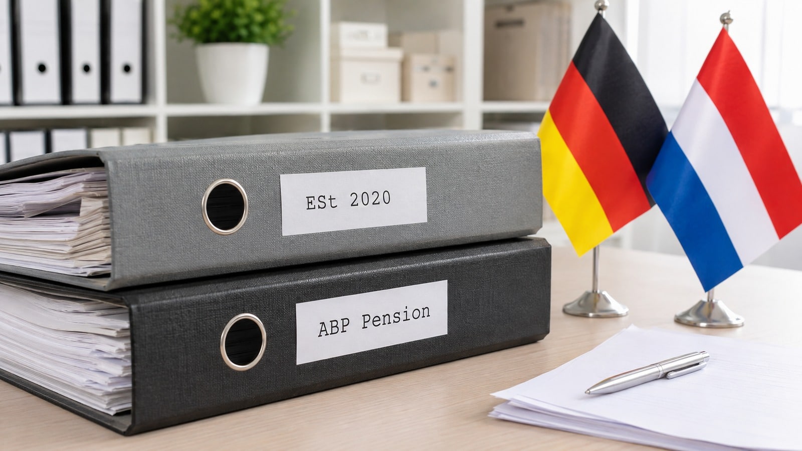 Zwei schlichte Aktenordner überlappen auf einem hellen Schreibtisch. Bildunterschrift: Bei einer niederländischen ABP-Pension stritten Finanzamt und Empfänger darüber, welcher Anteil den deutschen Steuersatz erhöht.