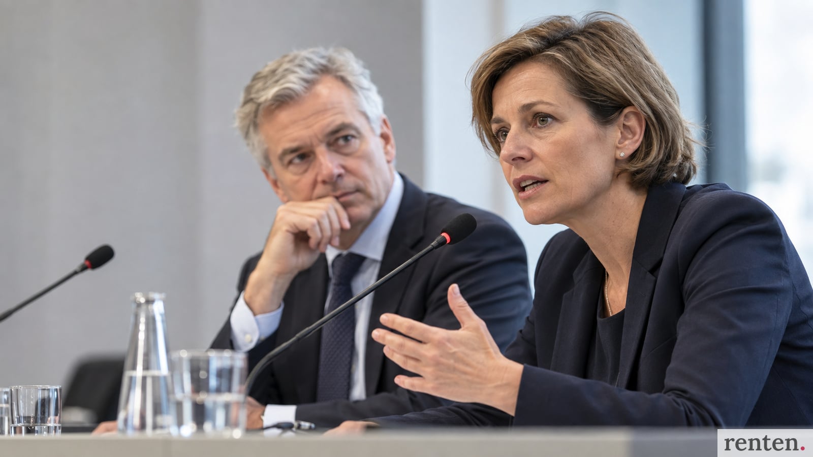 Frau spricht bei einer Podiumsdiskussion ins Mikrofon, ein Mann hört aufmerksam zu.