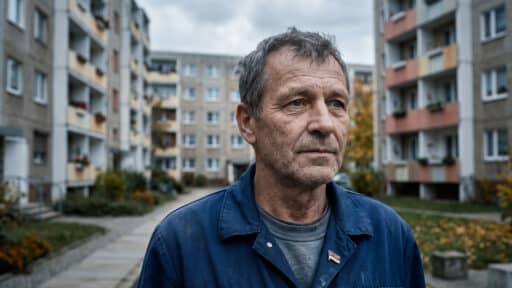 Ostdeutscher Arbeiter im Vorhof eines Plattenbaus macht sich Sorgen