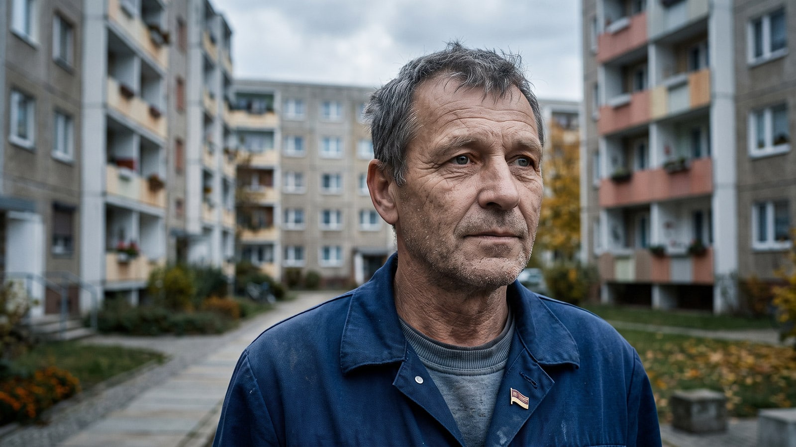 Ostdeutscher Arbeiter im Vorhof eines Plattenbaus macht sich Sorgen