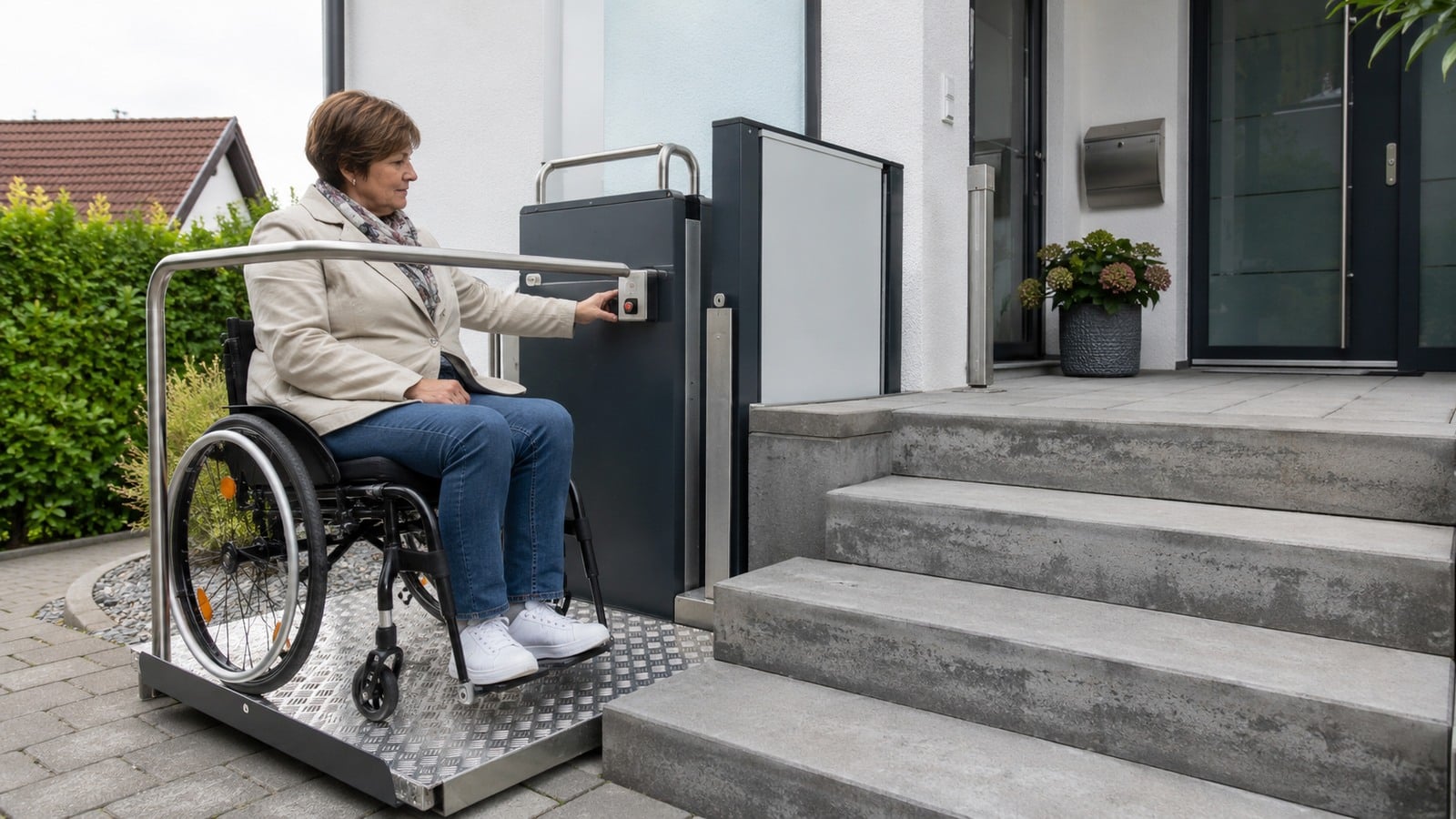 Eine Rollstuhlnutzerin bedient selbstständig den Plattformlift neben den Stufen ihres Hauseingangs.
