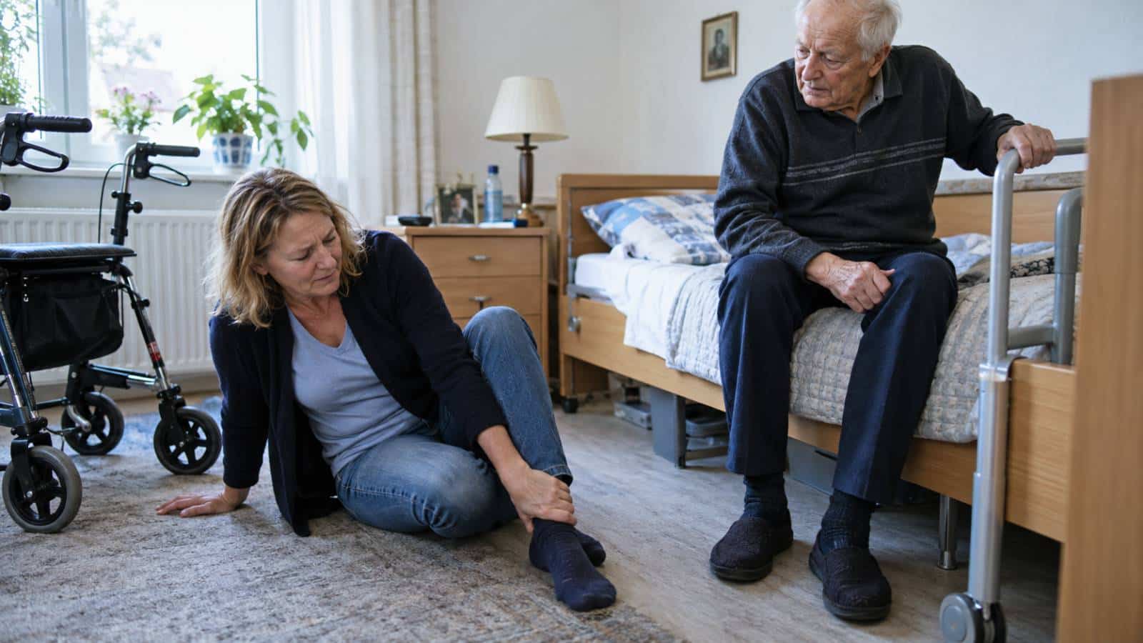 Pflegende Angehörige sitzt nach einem Sturz beim Umsetzen ihres Vaters neben dem Pflegebett