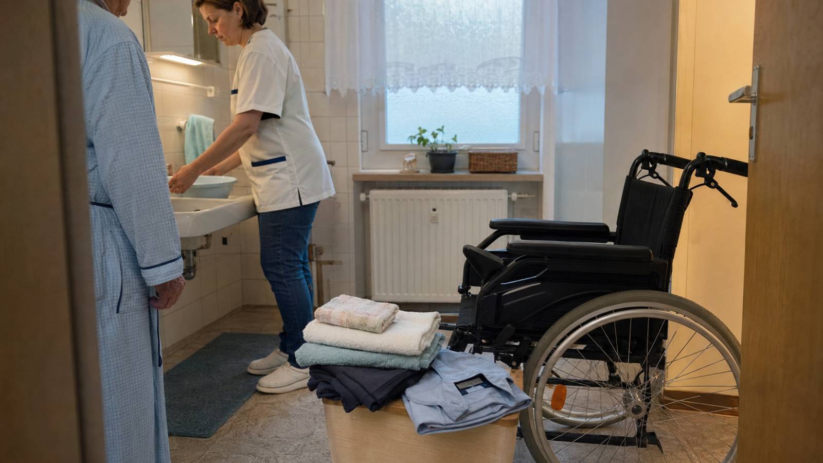 Pflegekraft bereitet im Bad neben einem Rollstuhl die morgendliche Körperpflege vor.