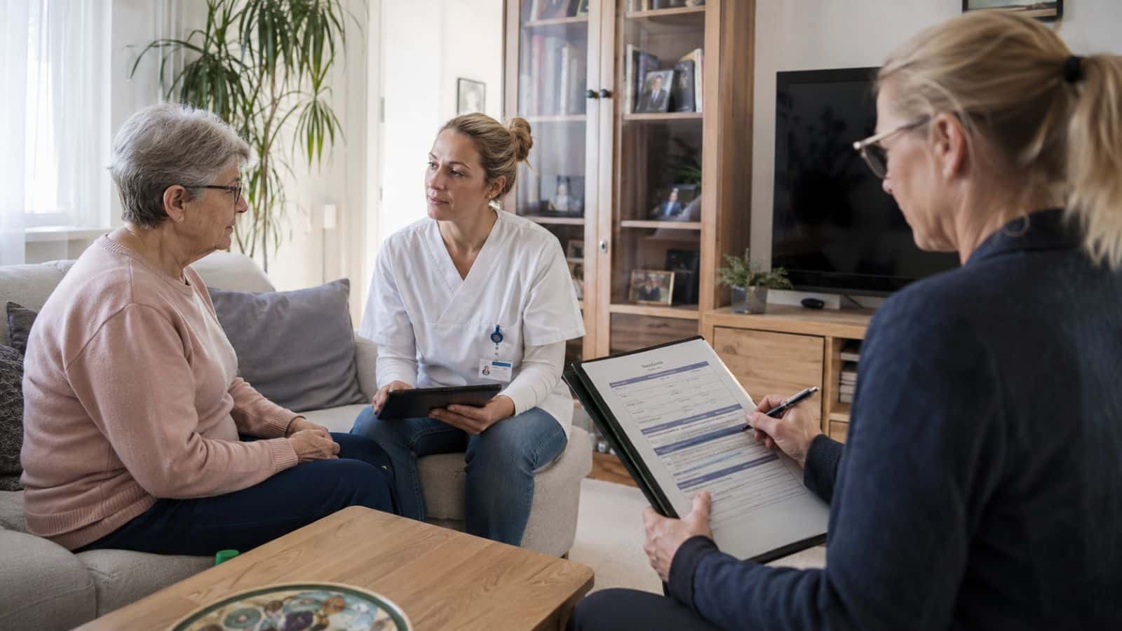 Prüferin beobachtet, wie eine Pflegekraft eine ältere Frau den Ablauf der Pflege erklärt.