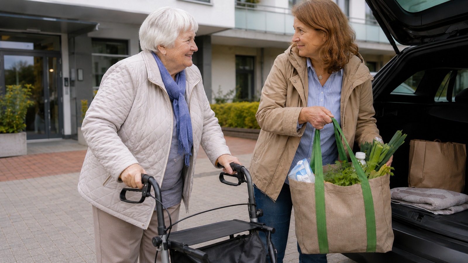 Tochter lädt Lebensmittel nach dem Einkauf ins Auto, während die ältere Mutter mit Rollator wartet.