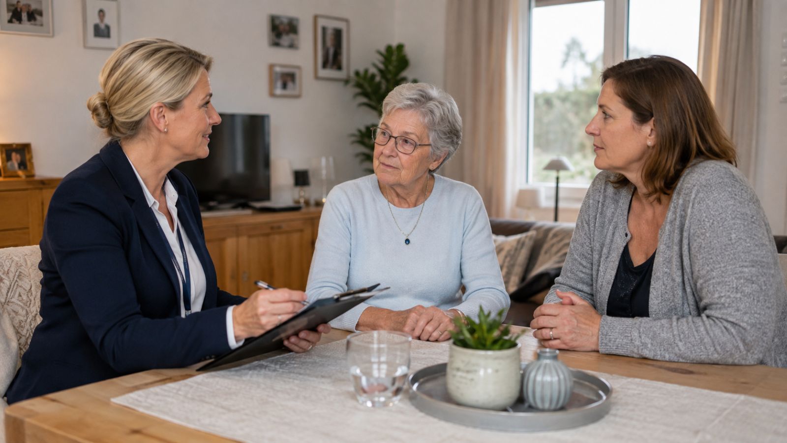 Pflegebegleiterin sitzt bei einem Hausbesuch mit einer älteren Frau und einer Angehörigen am Tisch und bespricht die häusliche Versorgung.