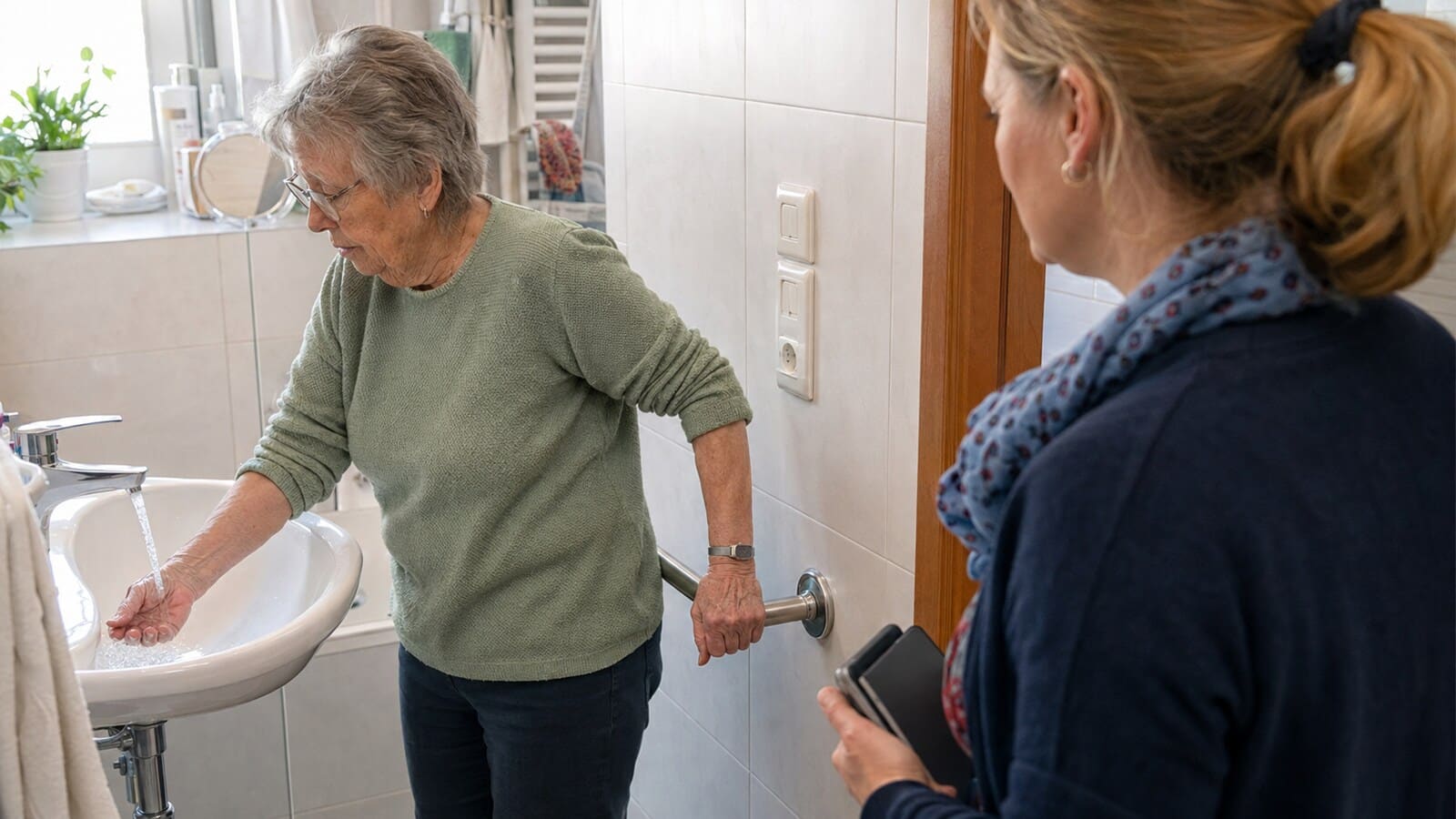 Offensichtlich pflegebedürftige Frau steht bei einer Pflegebegutachtung mit Hilfe eines Haltegriffs am Waschbecken, während eine Gutachterin ihre Selbstständigkeit beobachtet.
