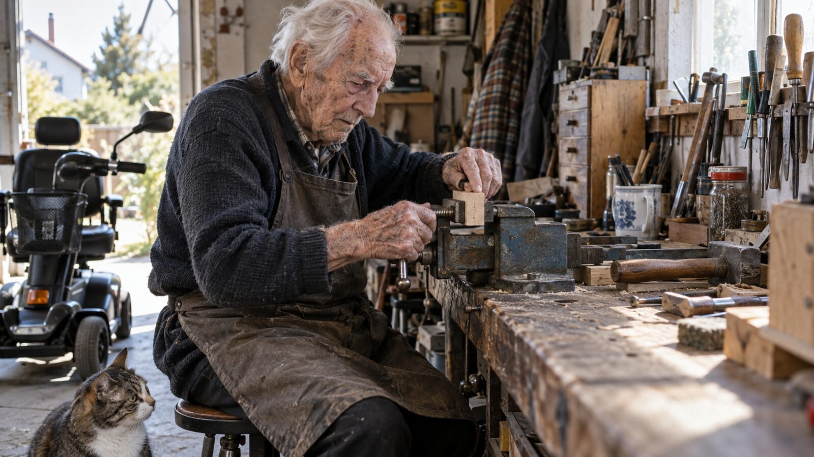 101 Jahre alter Mann arbeitet in seiner Werkstatt, neben ihm stehen Elektromobil und Katze