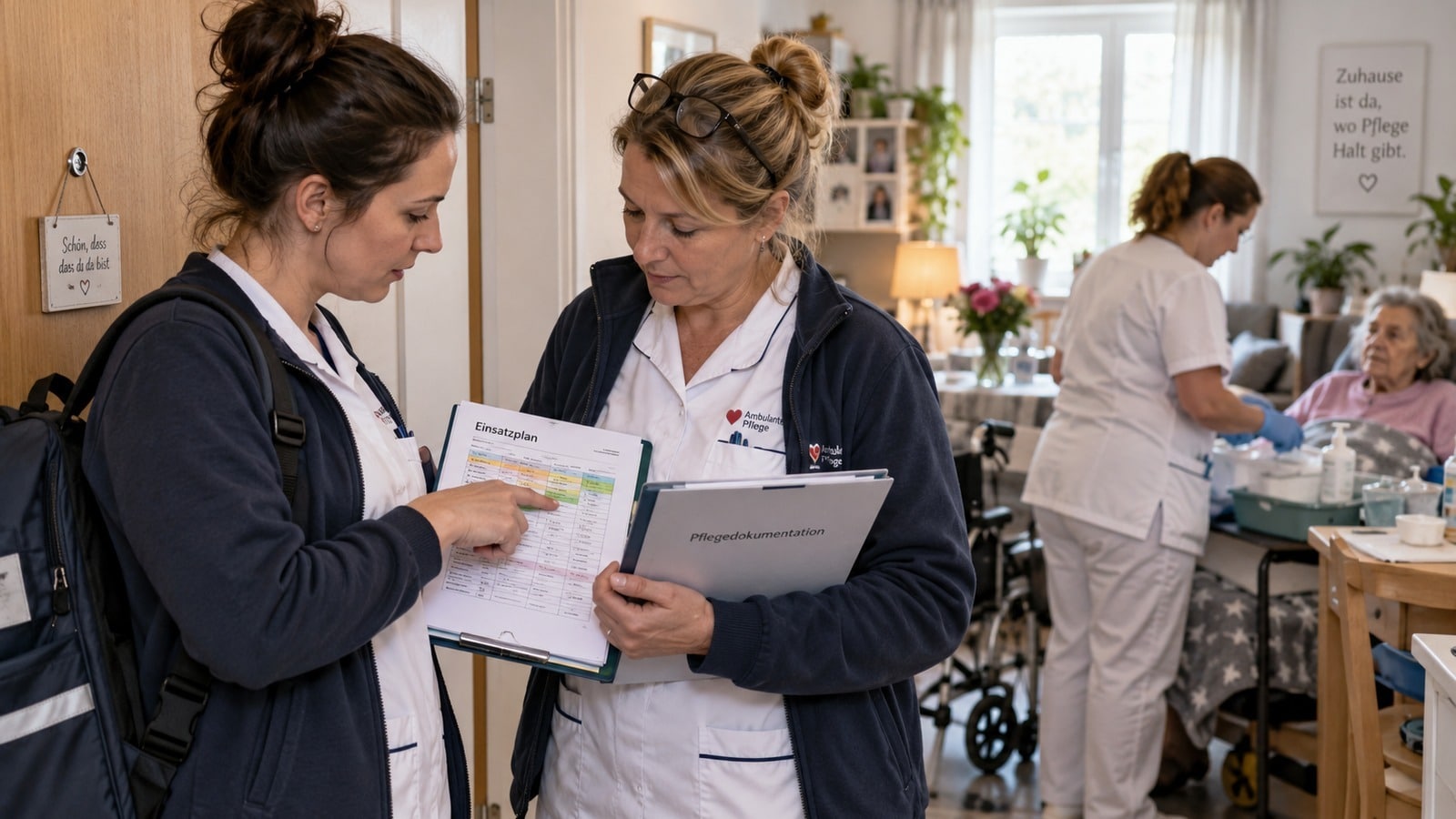 Schichtwechsel eines ambulanten Pflegedienstes bei einer Frau mit Pflegegrad 5 zu Hause