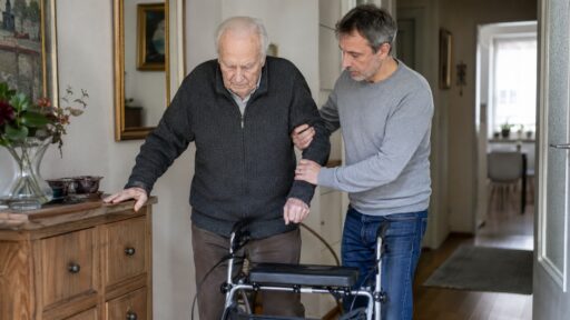 Älterer Mann mit unsicherem Gang wird in seiner Wohnung von seinem Sohn am Unterarm gestützt