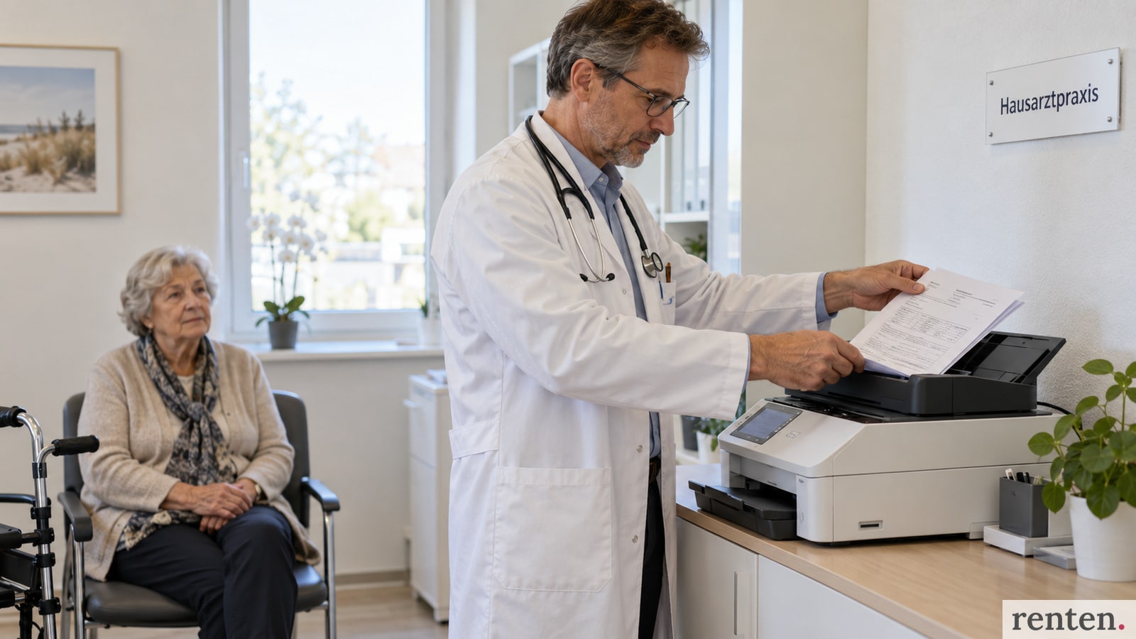 Hausarzt legt Arztberichte in einen Scanner, während eine ältere Patientin mit Gehhilfe wartet