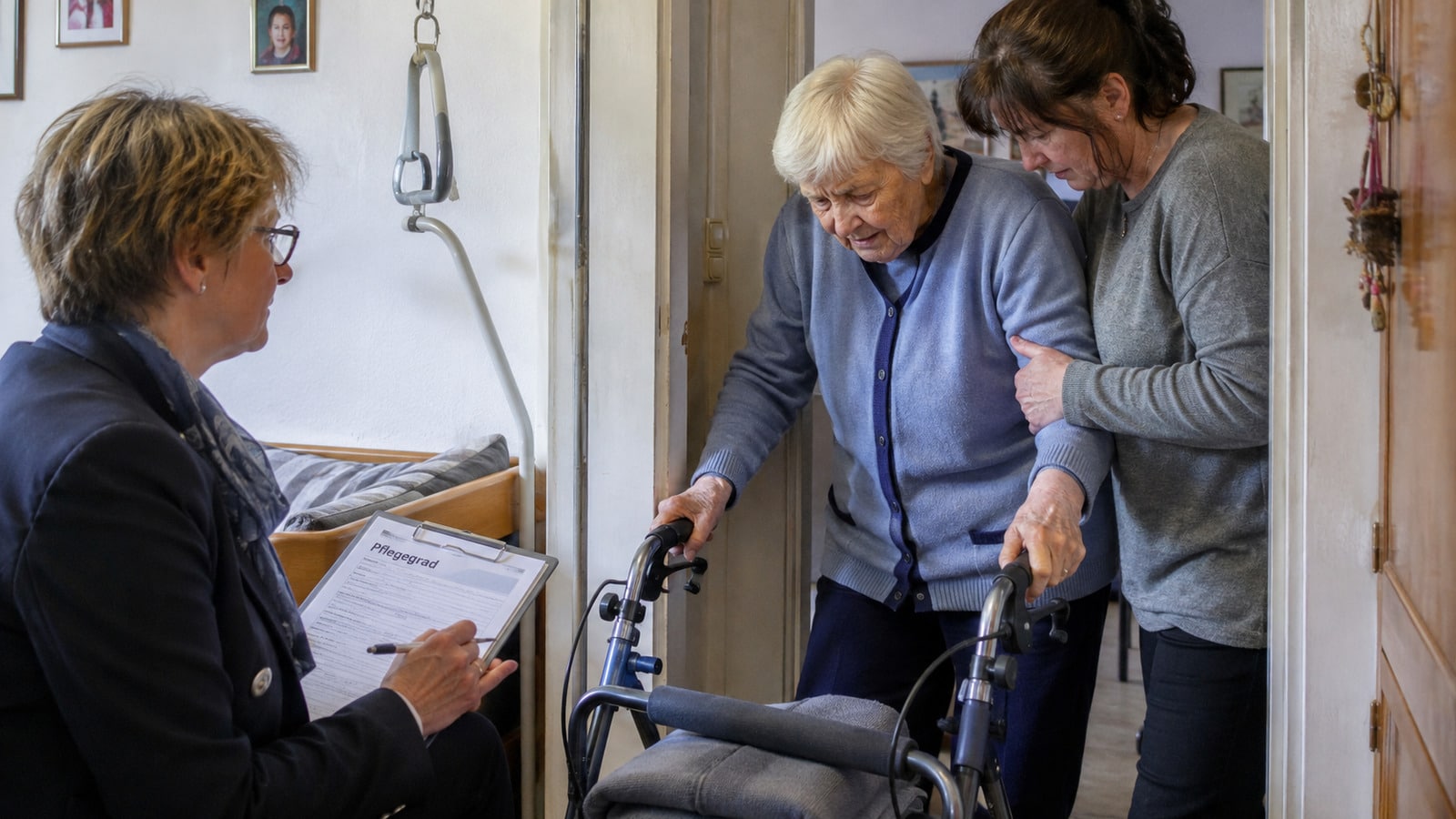 Pflegebedürftige Frau wird bei einer Pflegegrad-Begutachtung mit Rollator unterstützt