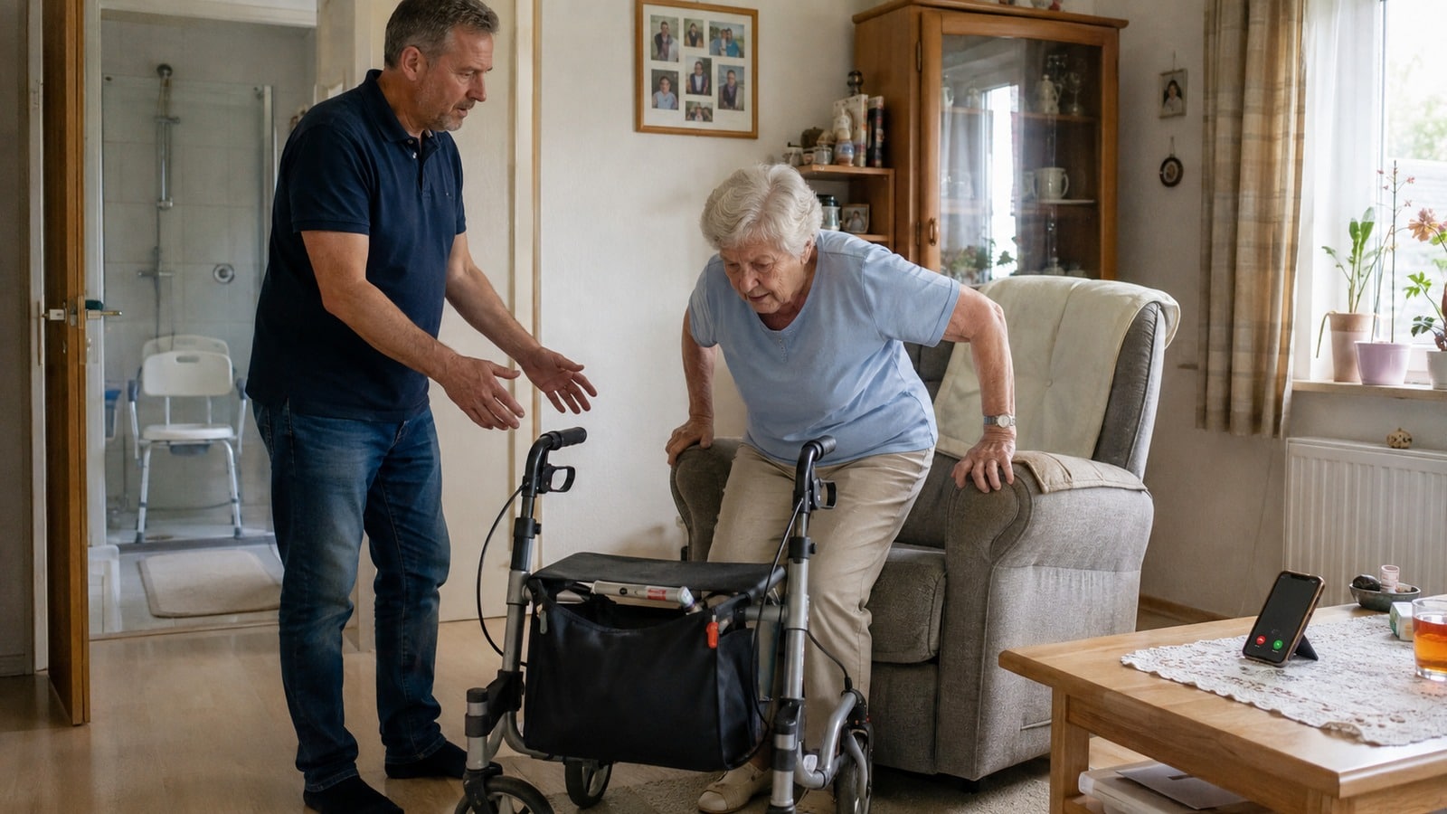 Ältere Frau steht während einer telefonischen Pflegebegutachtung mit Hilfe eines Rollators auf