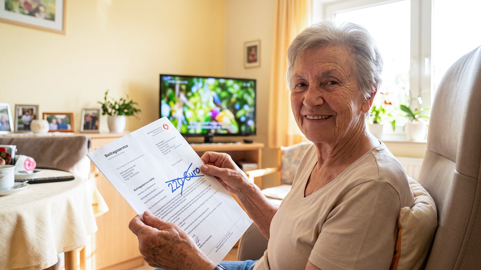 Ältere Pflegeheim-Bewohnerin freut sich, dass sie den Rundfunkbeitrag nicht zahlen muss