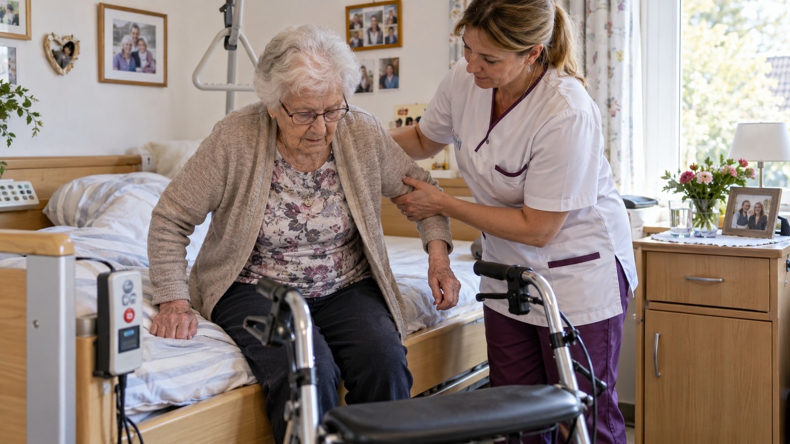 Pflegerin unterstützt eine Pflegeheimbewohnerin beim Aufstehen vom Bett