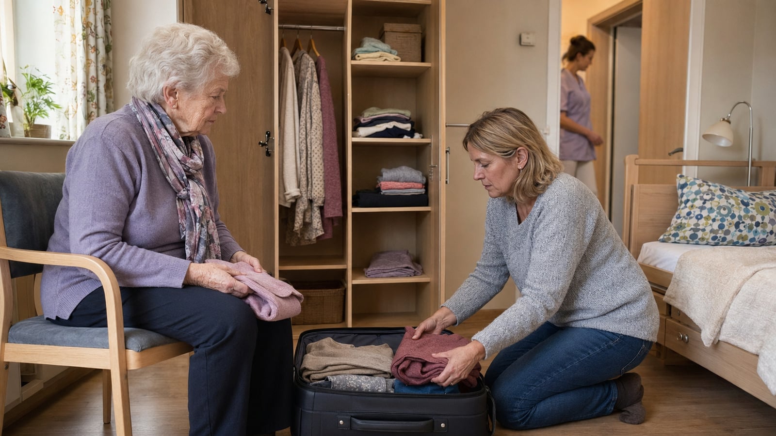 Eine ältere Frau und ihre Tochter packen einen Koffer in einem Pflegeheimzimmer aus.