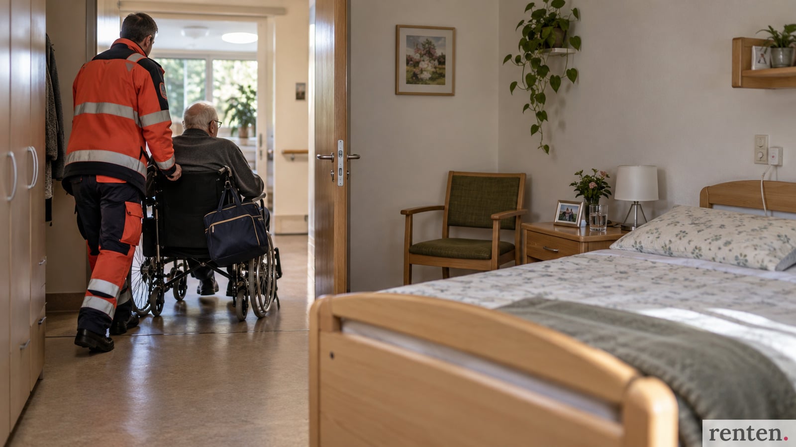 Heimbewohner wird im Rollstuhl aus seinem Zimmer im Pflegeheim gebracht, das Bett bleibt zurück.