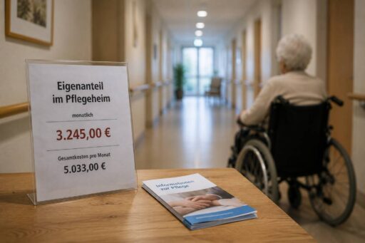 Infotafel zeigt monatlichen Eigenanteil von 3.245 Euro und Gesamtkosten von 5.033 Euro für einen Pflegeheimplatz