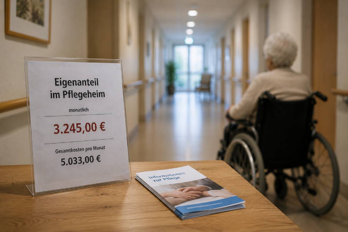 Infotafel zeigt monatlichen Eigenanteil von 3.245 Euro und Gesamtkosten von 5.033 Euro für einen Pflegeheimplatz