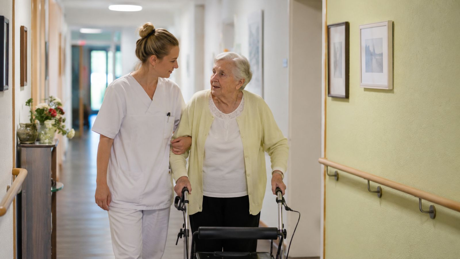 Pflegerin begleitet eine ältere Bewohnerin mit Rollator durch den Flur eines Pflegeheims.