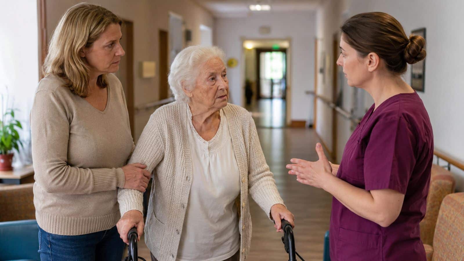 Pflegerin im Heim erklärt alten Pflegeperson und Angehöriger den Heimzuschuss