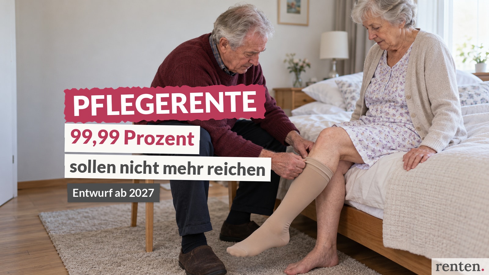 Rentner hilft als pflegender Angehöriger seiner Frau beim Anziehen eines Kompressionsstrumpfs