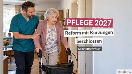 Pfleger unterstützt ältere Frau mit Rollator. „PFLEGE 2027 – Reform mit Kürzungen beschlossen“