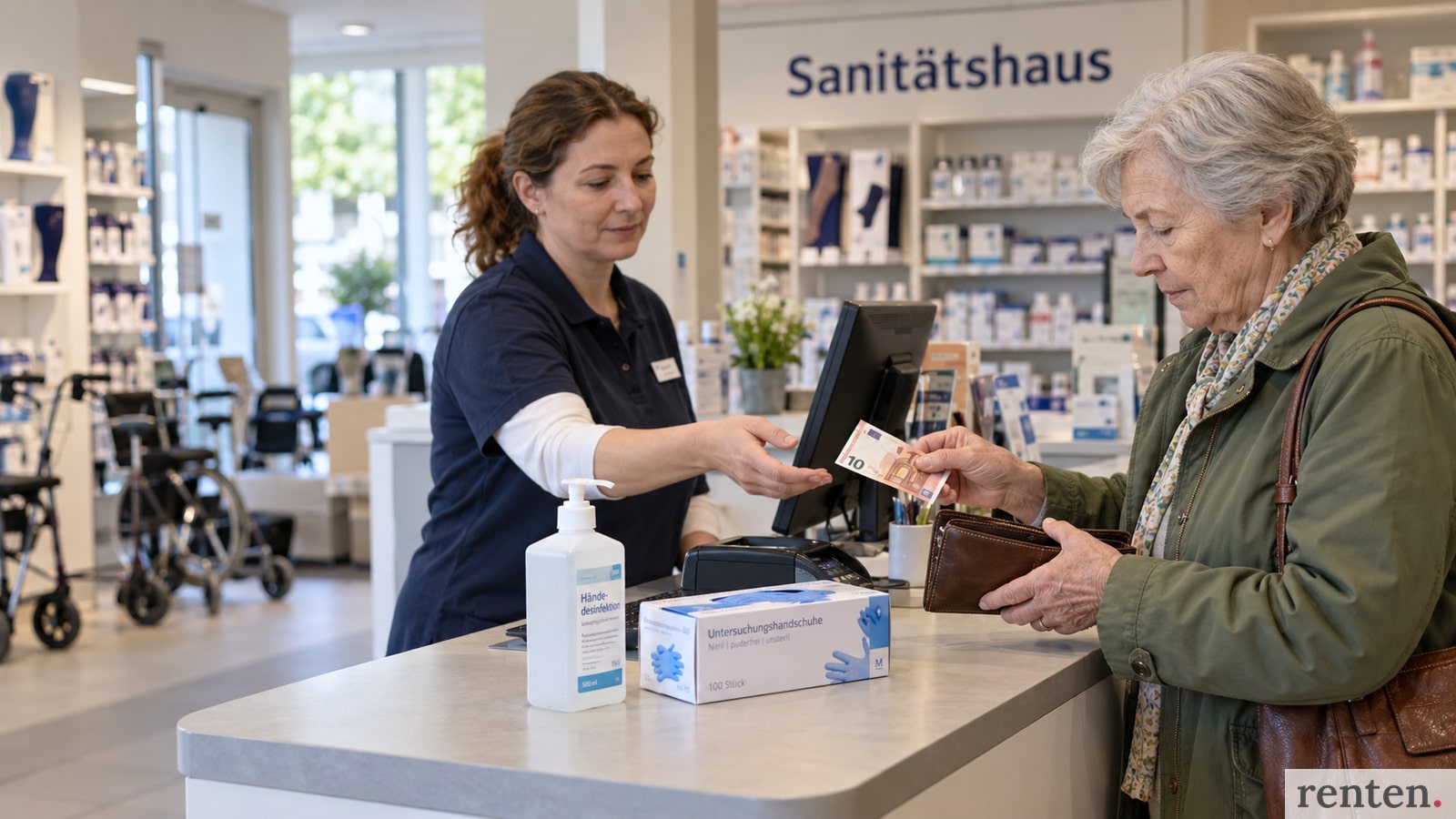 Rentnerin bezahlt Einmalhandschuhe und Desinfektionsmittel im Sanitätshaus.