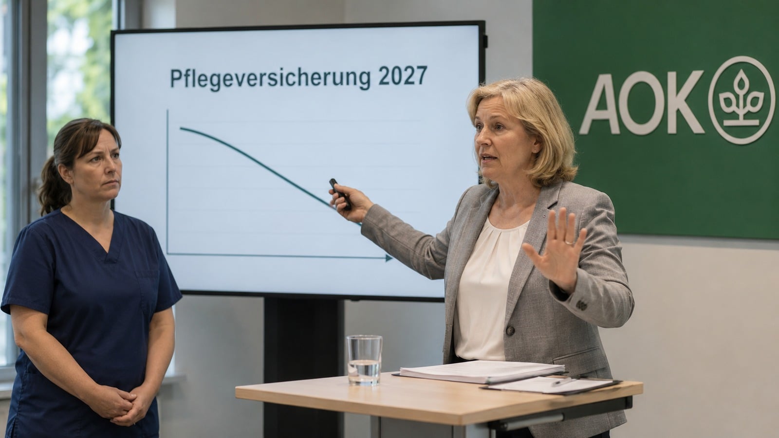 OK-Vertreterin warnt neben einer Pflegekraft vor Finanzproblemen der Pflegeversicherung 2027