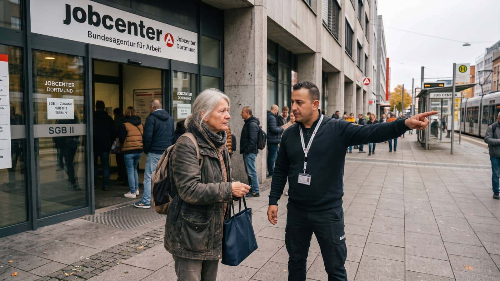 Frau wird vor dem Jobcenter von einem Mitarbeiter am Eingang abgewiesen.
