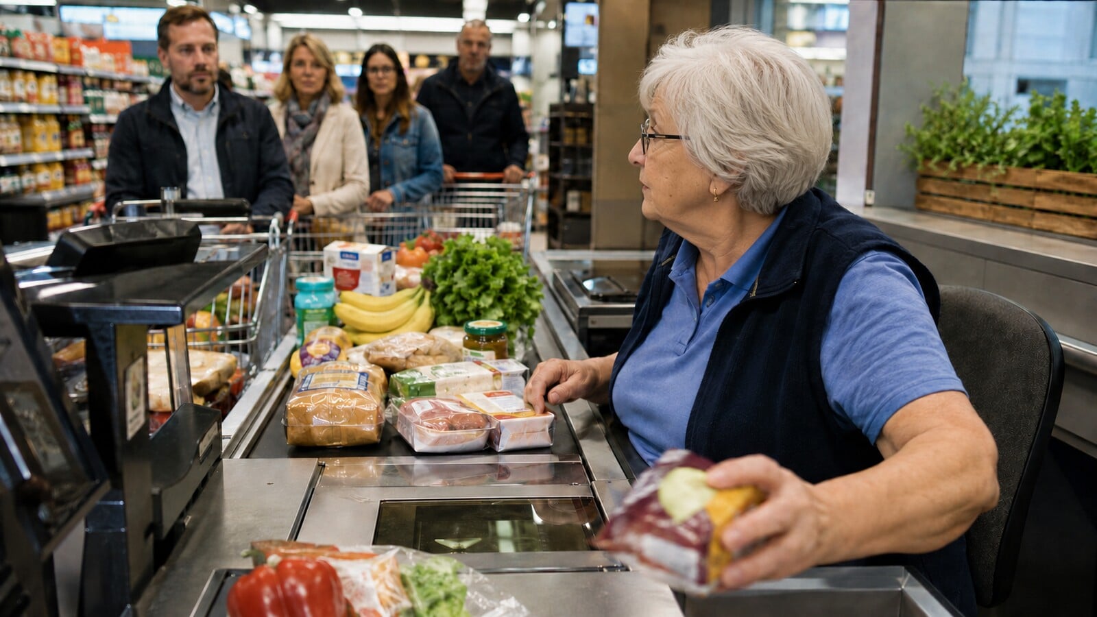 Rentnerin scannt nach Erreichen der Regelaltersgrenze Waren an einer Supermarktkasse