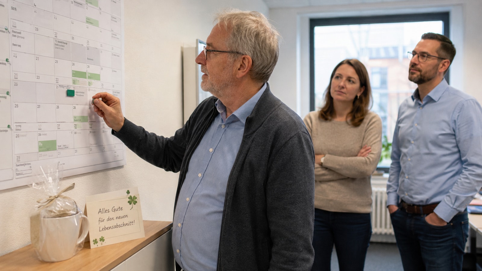 Älterer Beschäftigter verschiebt seinen geplanten Ruhestand auf einem Kalender um zwei Monate