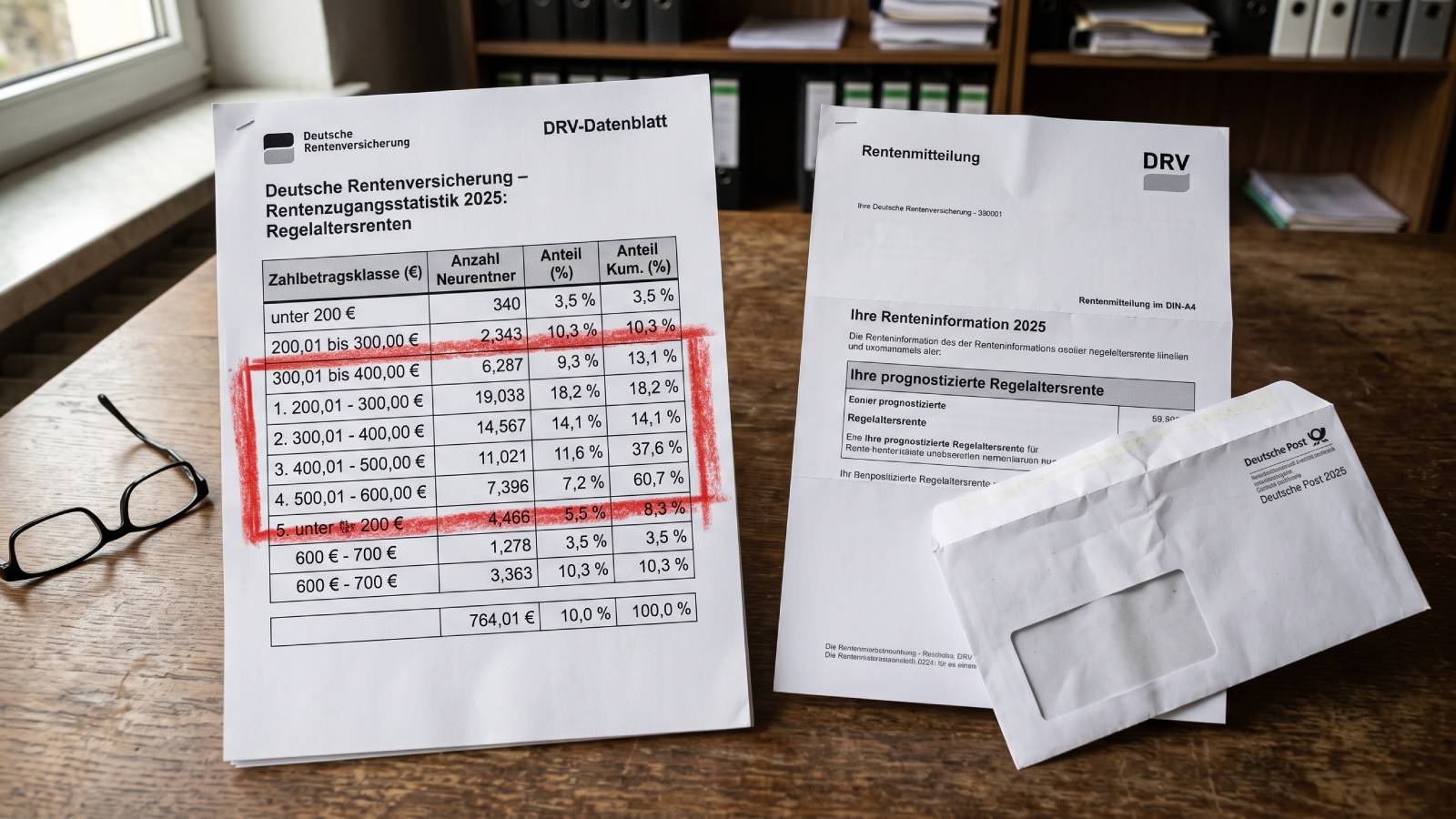Markierte DRV-Statistik zu neuen Regelaltersrenten unter 600 Euro