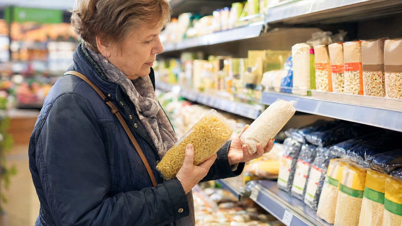 Beim Einkaufen vergleicht eine Kundin im Rentenalter die Preise zweier Grundnahrungsmittel im Supermarktregal.