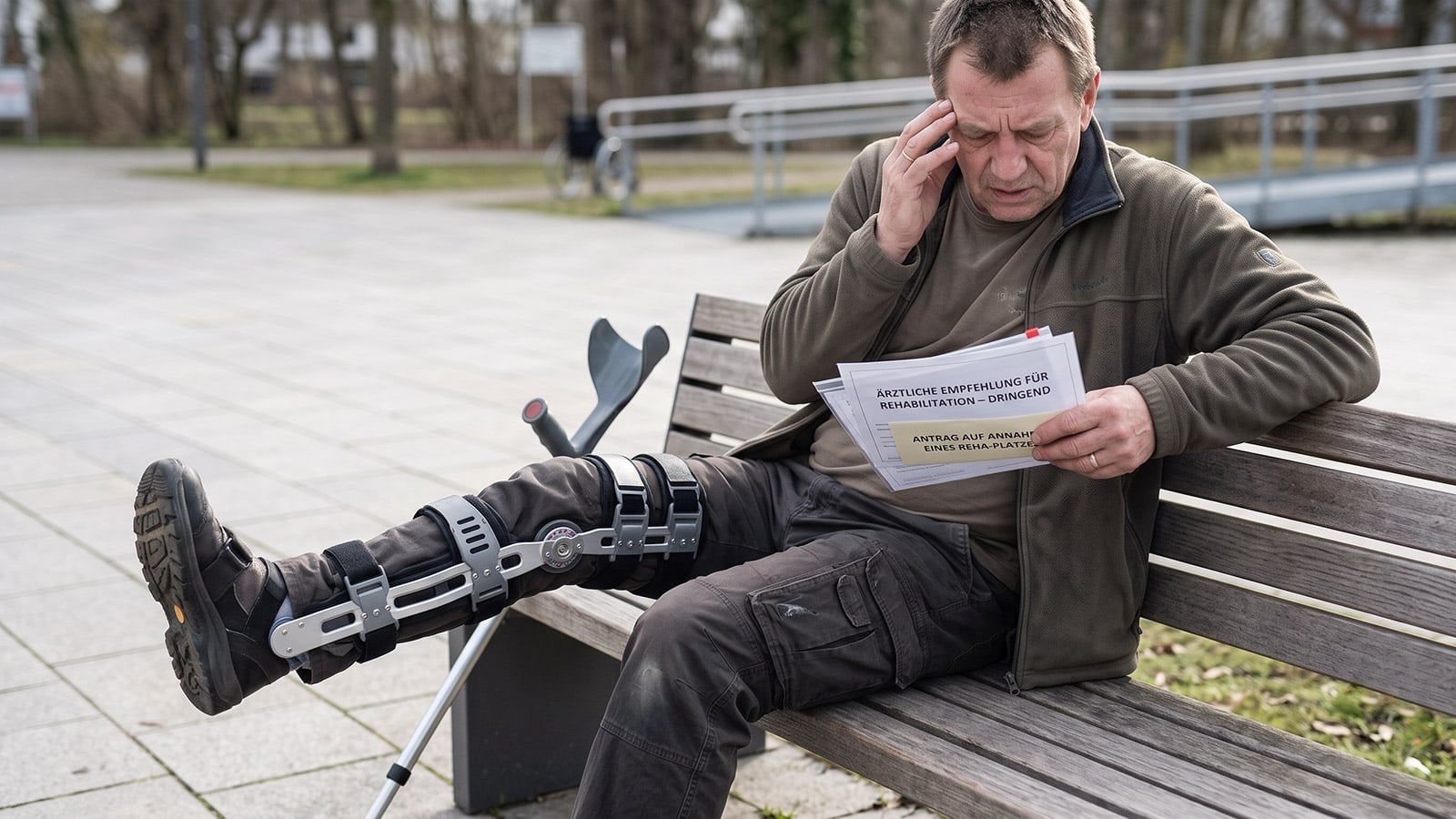 Mann mit Beinschiene und Gehstütze sitzt nachdenklich auf einer Parkbank und liest Dokumente im Freien