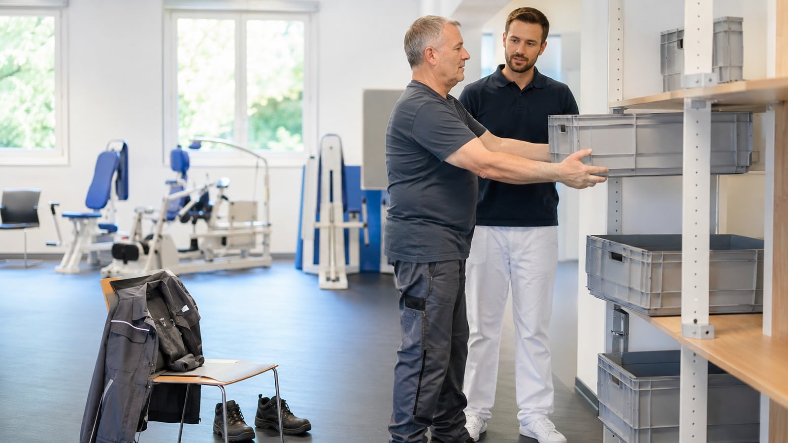 Versicherter trainiert in einer medizinischen Reha für die Rückkehr in den Beruf