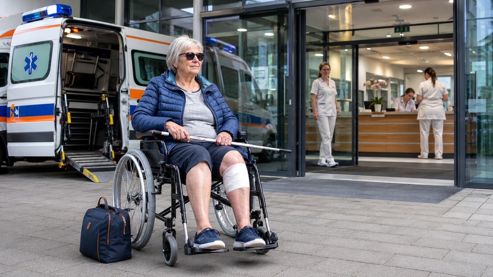 Blinde Frau mit Langstock sitzt nach einer Knieoperation mit Gepäck vor einer Rehaklinik