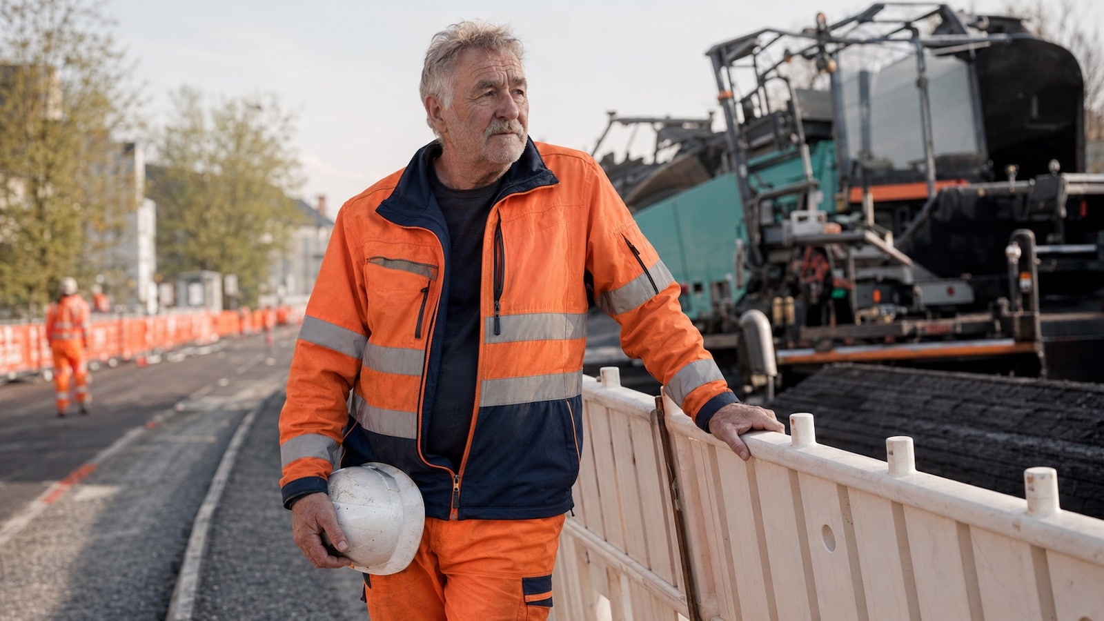 Straßenbauarbeiter hält nach einem langen Arbeitstag seinen Schutzhelm in der Hand.