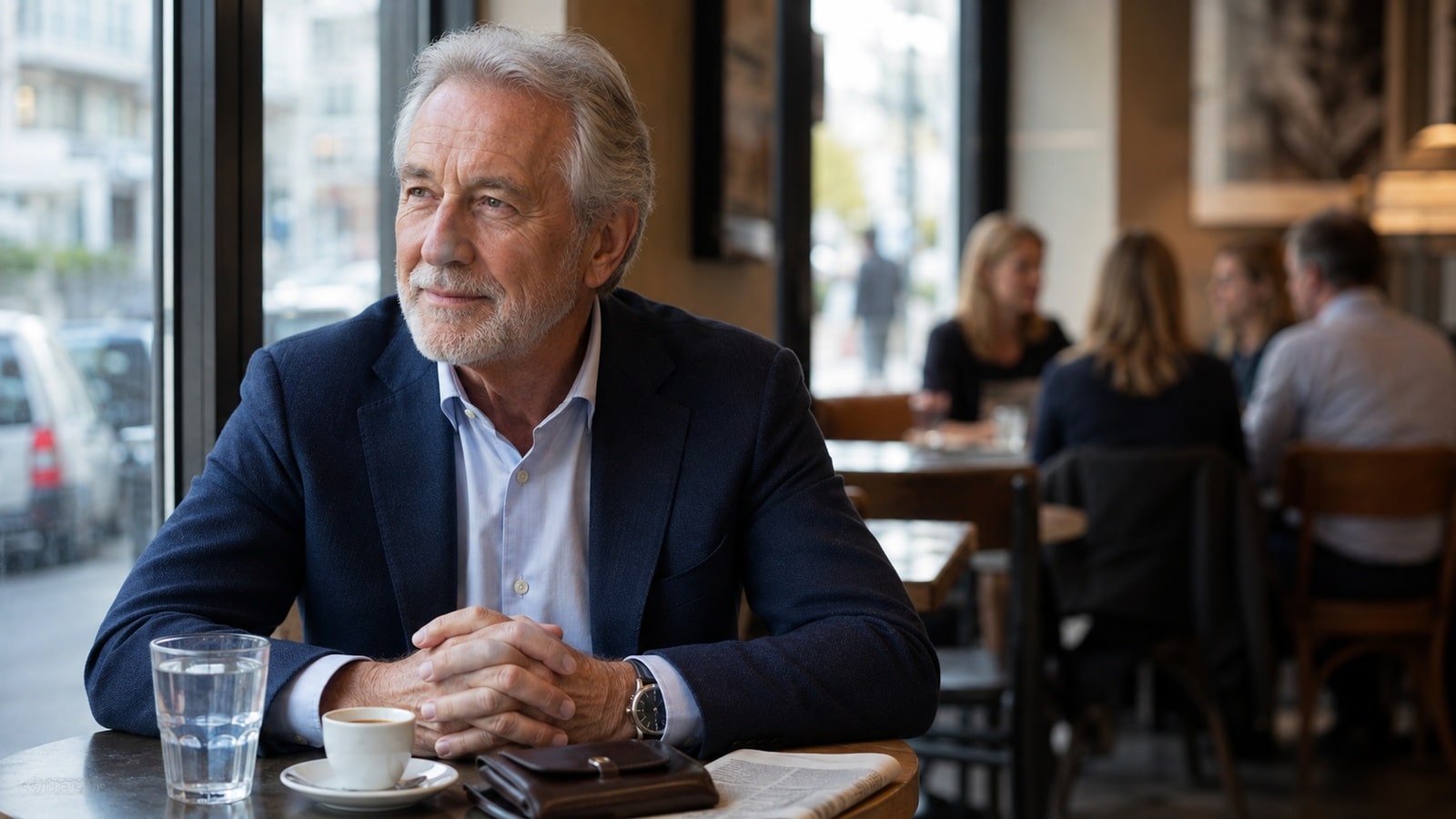 Gut gekleideter Rentner sitzt mit einem Espresso in einem gehobenen Café