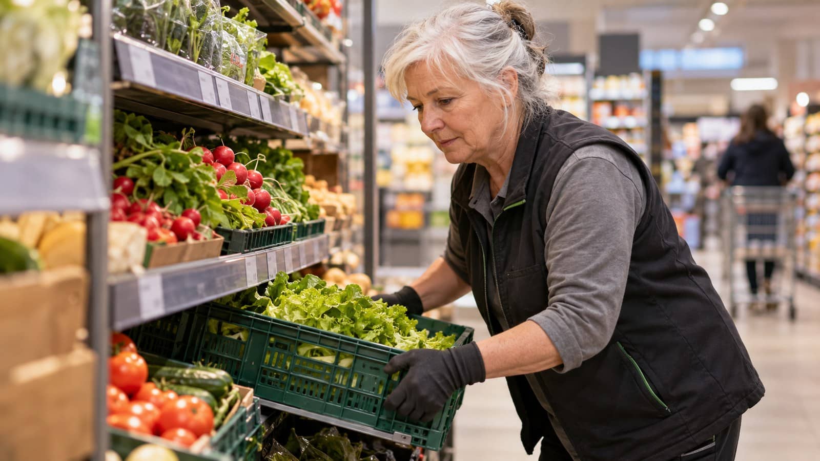 Ältere Beschäftigte räumt im Supermarkt eine Gemüsekiste ins Regal.
