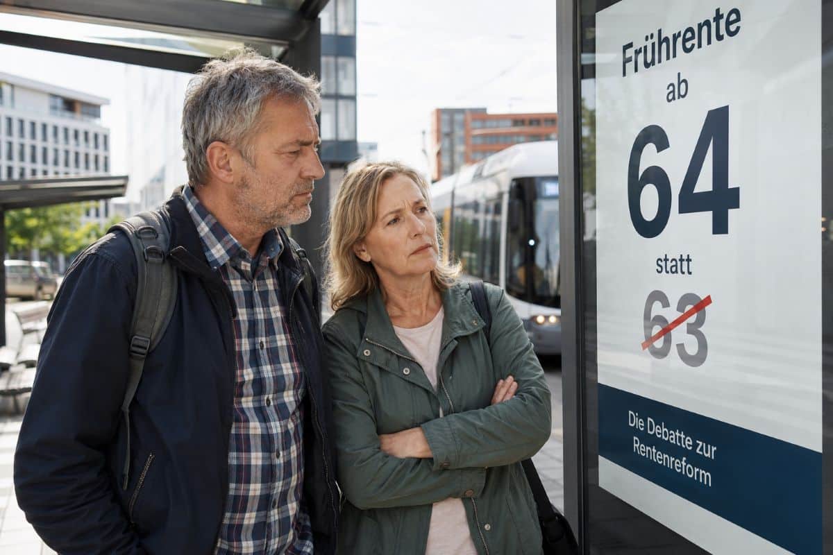 Älteres Pärchen schaut auf Plakat mit Werbung für Frührente ab 64 anstatt ab 63