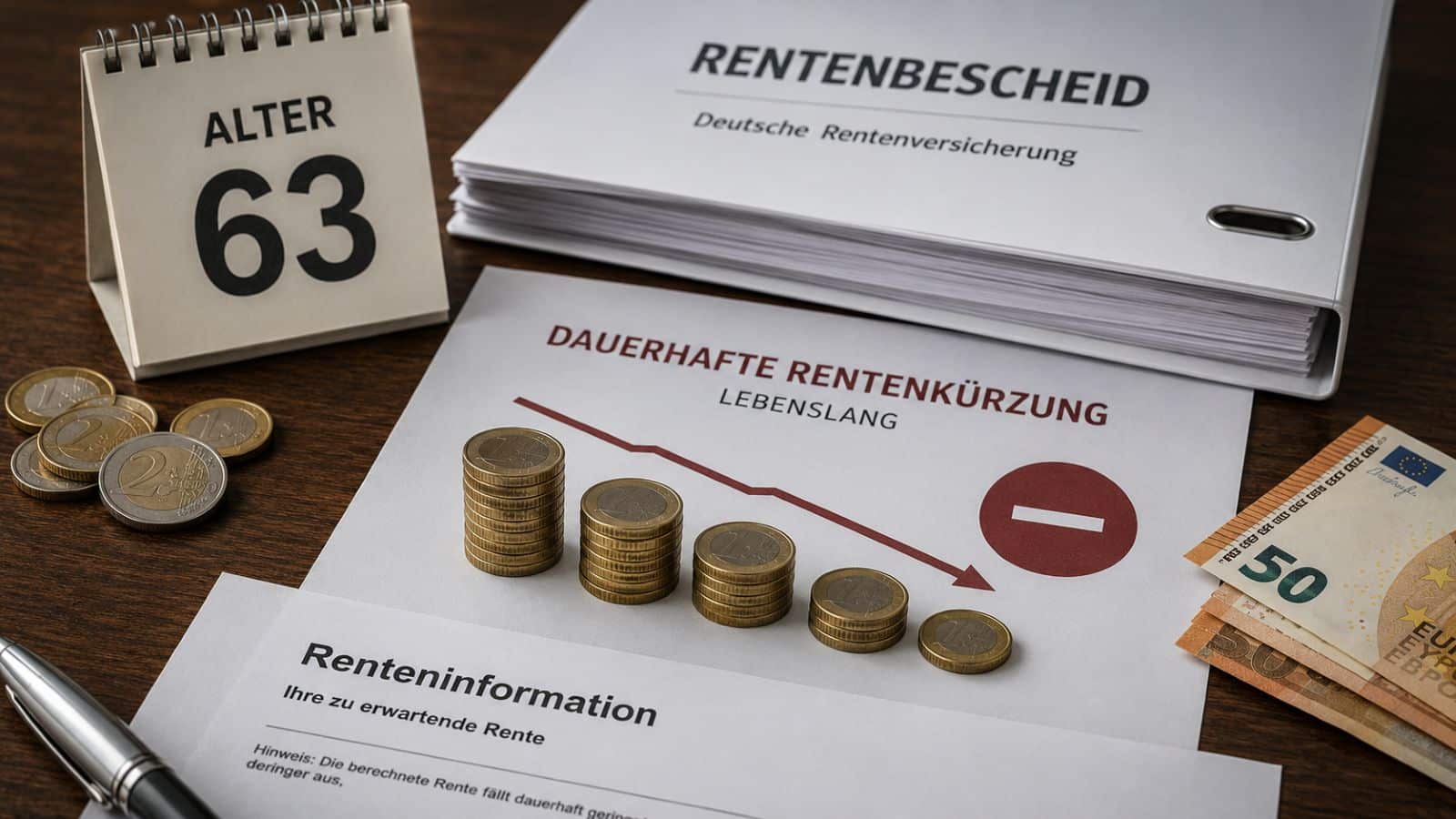 Rentenbescheid und abnehmende Geldbeträge verdeutlichen dauerhafte Abschläge bei Rentenbeginn mit 63 im Jahr 2026.