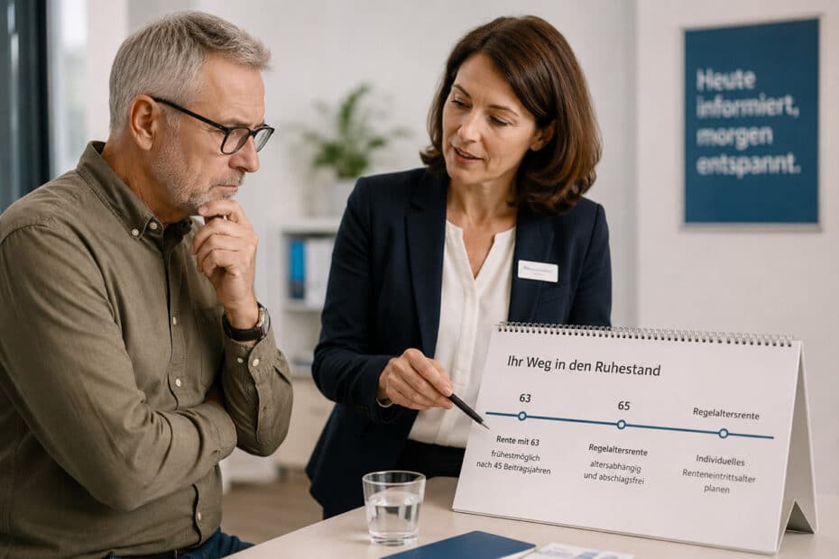 Rentner lässt sich zu Rente mit 63 und individuellem Rentenbeginn beraten, während eine Beraterin die Altersgrenzen erklärt