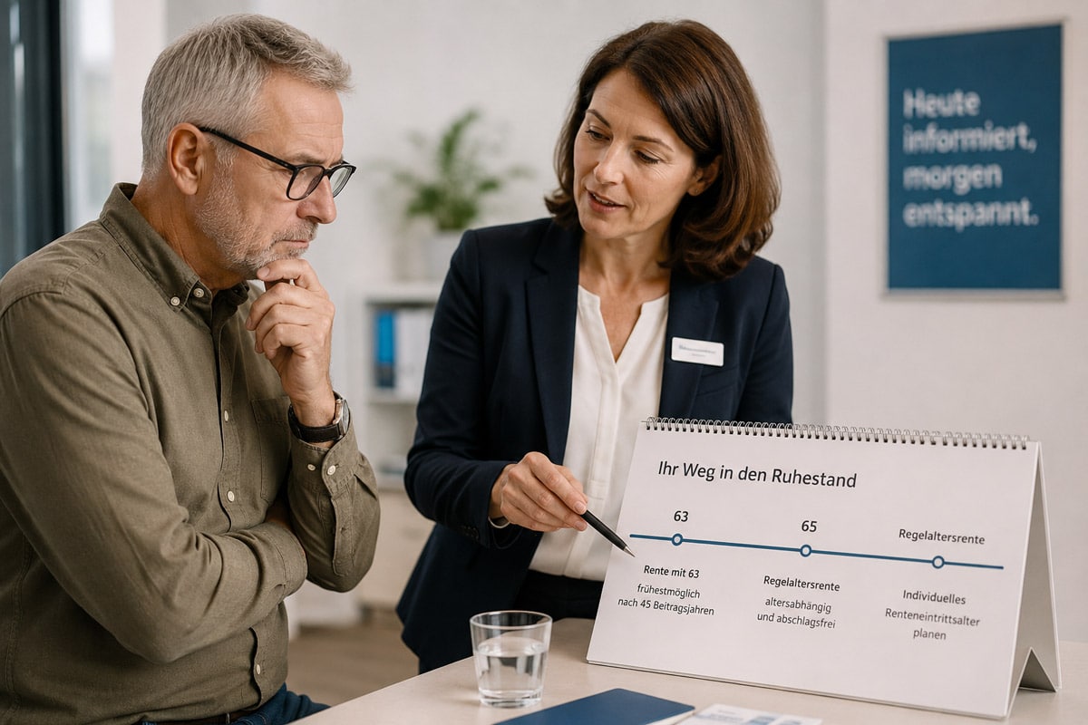Rentner lässt sich zu Rente mit 63 und individuellem Rentenbeginn beraten, während eine Beraterin die Altersgrenzen erklärt
